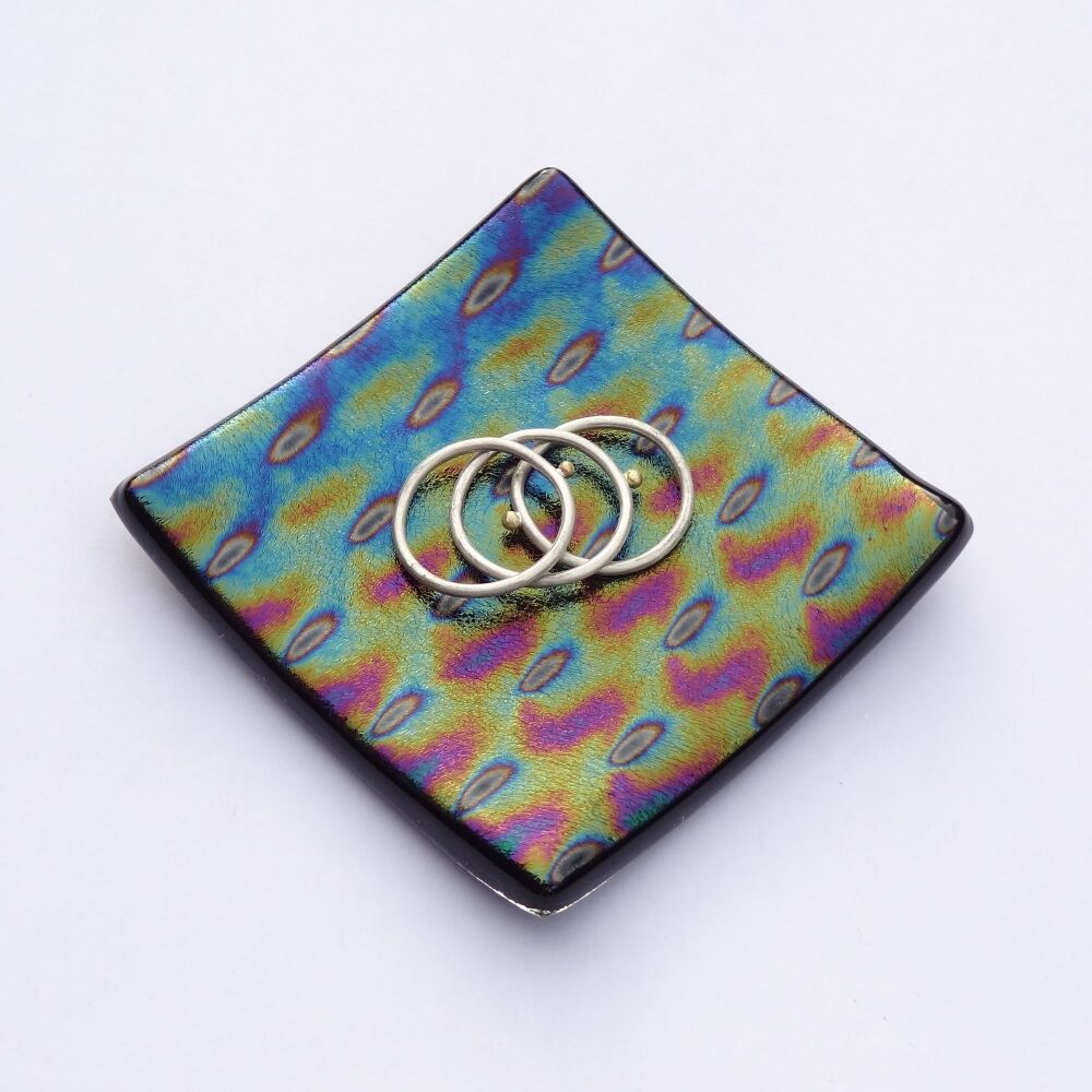 Handcrafted iridescent bullseye fused glass ring trinket dish tea light holder or ornament to display, 6.5cm square, 6mm thick (#B)