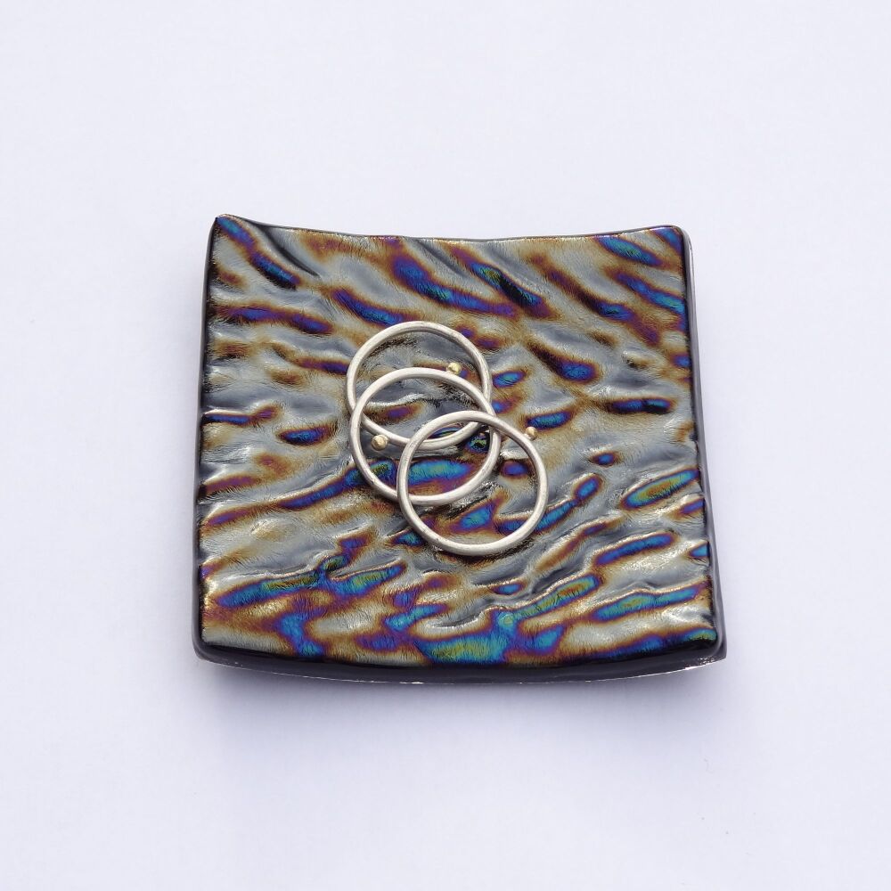 Handcrafted textured/iridescent bullseye fused glass ring trinket dish tea light holder or ornament to display, 6.5cm square, 6mm thick (#D)