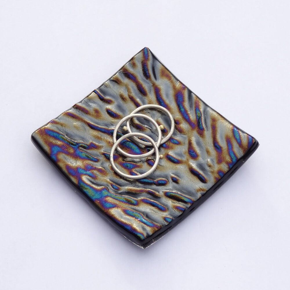 Handcrafted textured/iridescent bullseye fused glass ring trinket dish tea light holder or ornament to display, 6.5cm square, 6mm thick (#D)