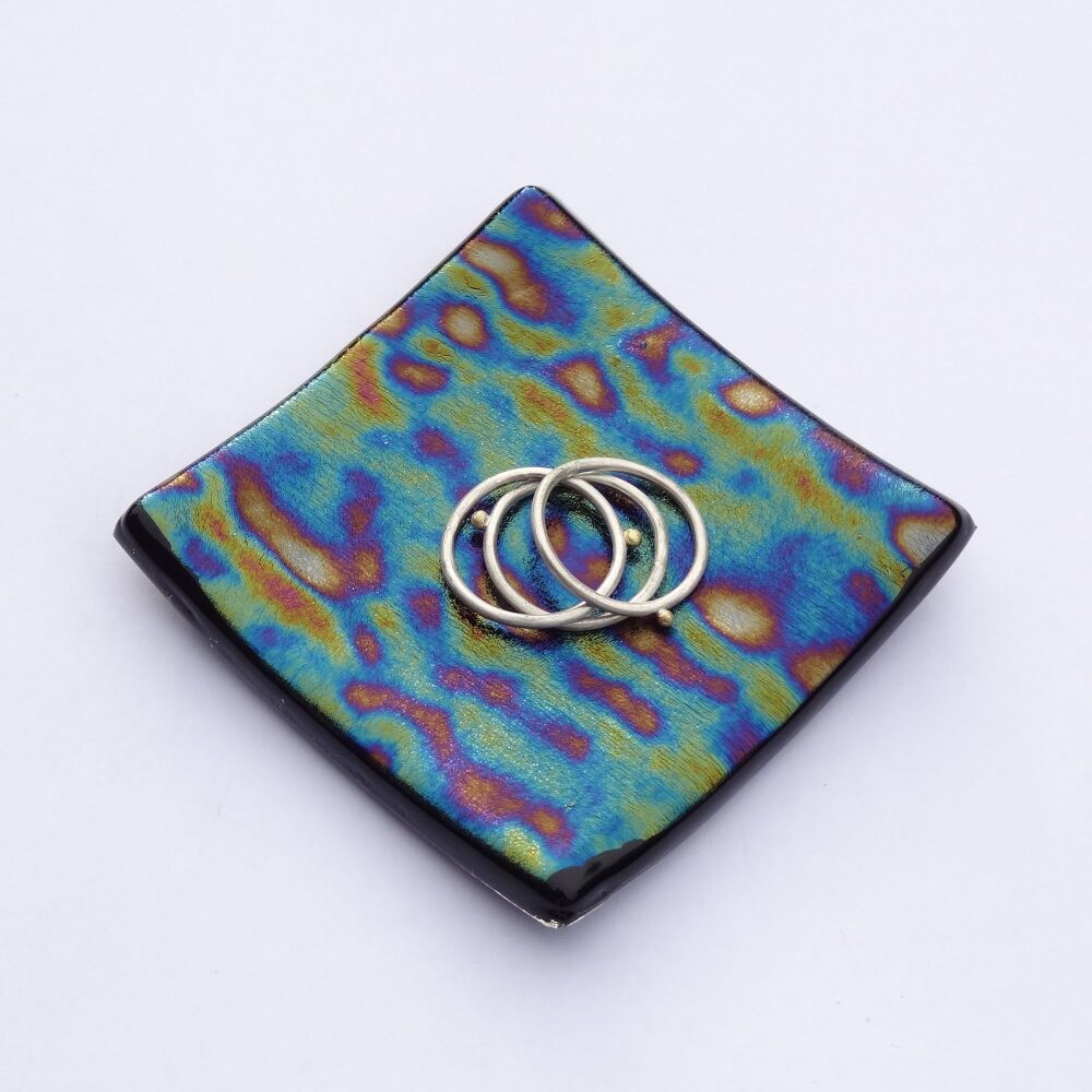 Handcrafted iridescent bullseye fused glass ring trinket dish tea light holder or ornament to display, 6.5cm square, 6mm thick (#C)