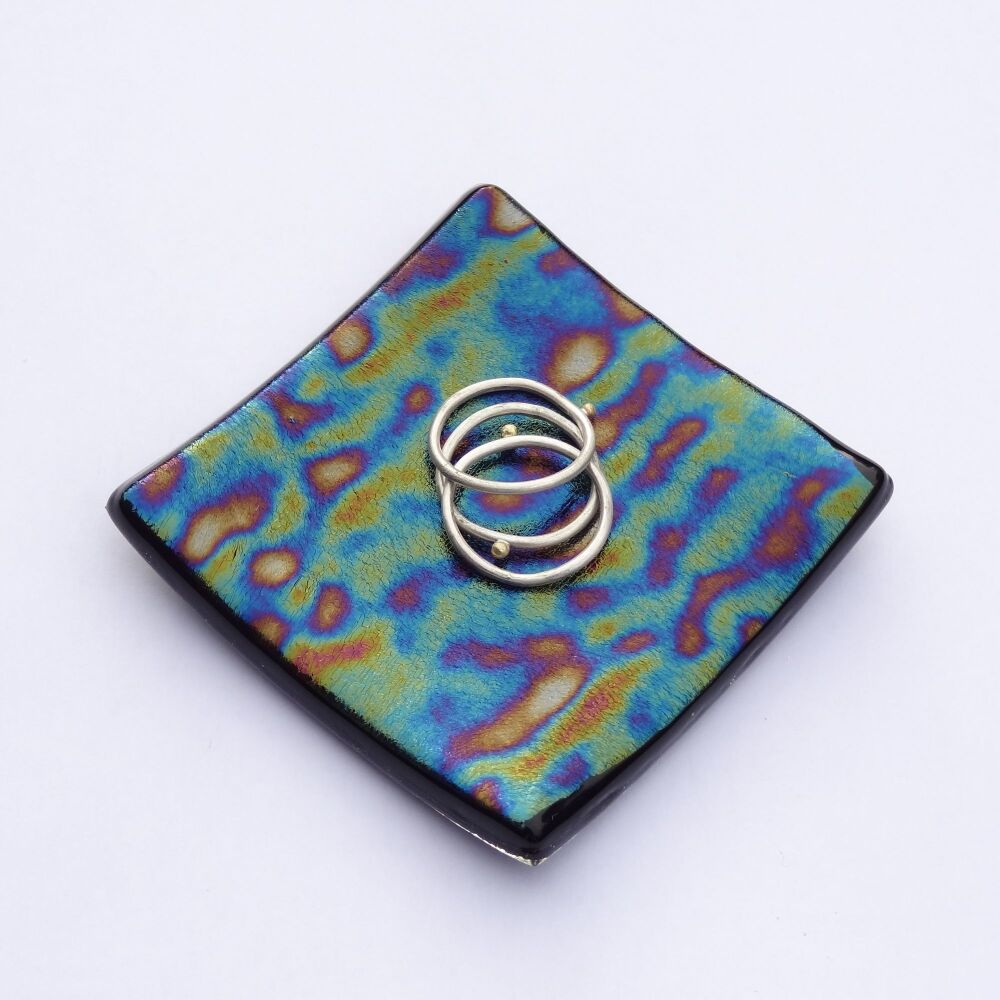 Handcrafted iridescent bullseye fused glass ring trinket dish tea light holder or ornament to display, 6.5cm square, 6mm thick (#C)