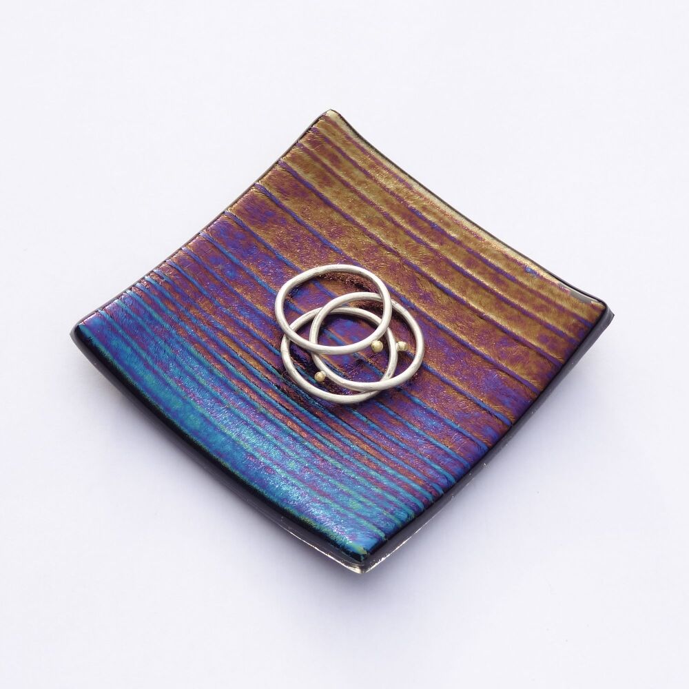 Handcrafted textured/iridescent bullseye fused glass ring trinket dish tea light holder or ornament to display, 6.5cm square, 6mm thick (#F)