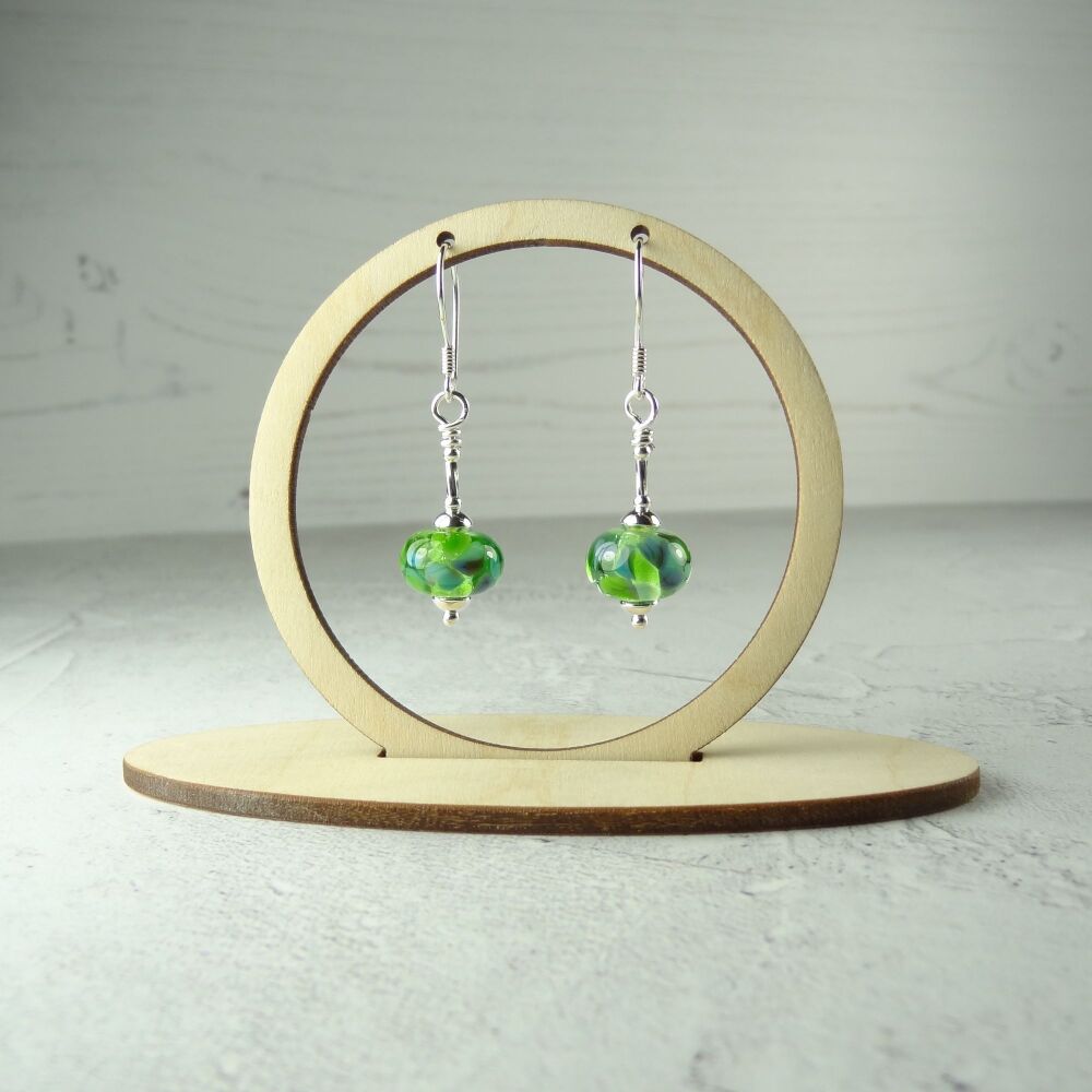 Sterling silver green & blue speckled handcrafted artisan lampwork glass drop earrings (PF#11)