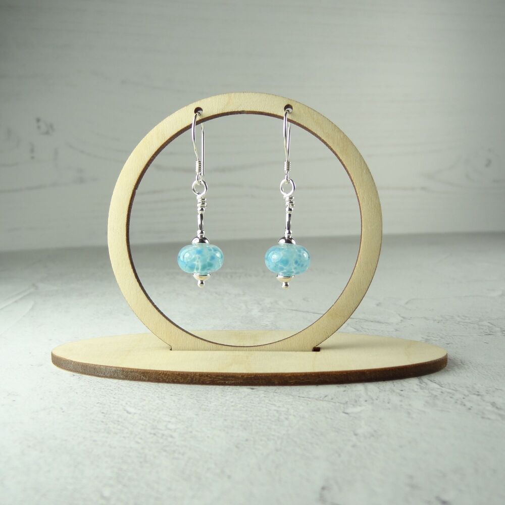 Sterling silver blue speckled handcrafted artisan lampwork glass drop earrings (PF#383)