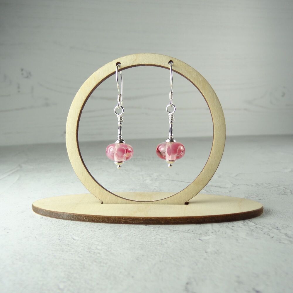 Sterling silver pink speckled handcrafted artisan lampwork glass drop earrings (PF#378)