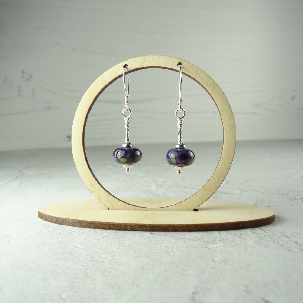 Sterling silver purple pink green speckled handcrafted artisan lampwork glass drop earrings (PF#381)