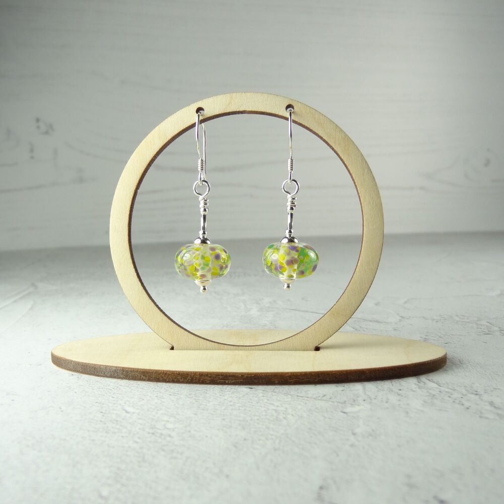 Sterling silver yellow green purple speckled handcrafted artisan lampwork glass drop earrings (PF#377)