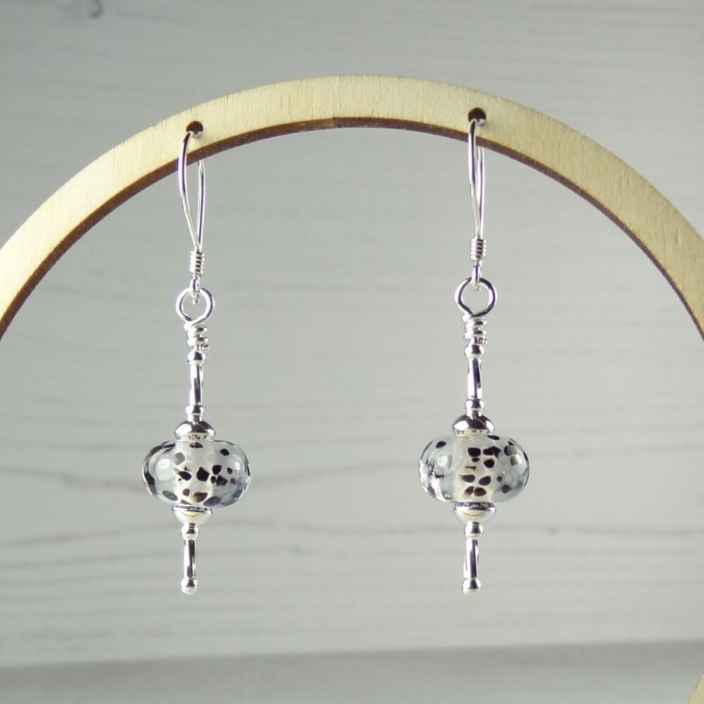 Sterling silver black & clear speckled handcrafted artisan lampwork glass drop earrings (PF#12)