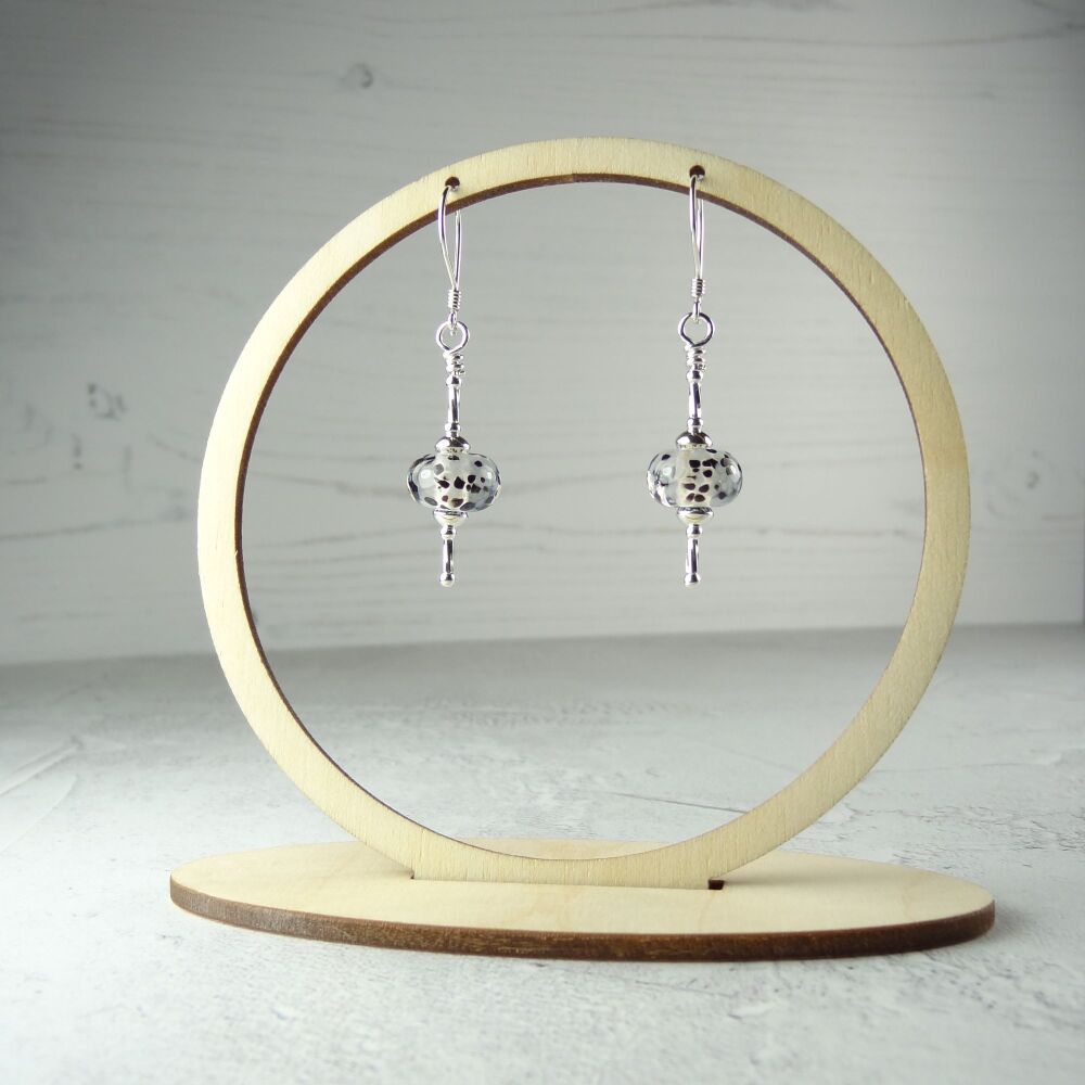Sterling silver black & clear speckled handcrafted artisan lampwork glass drop earrings (PF#12)