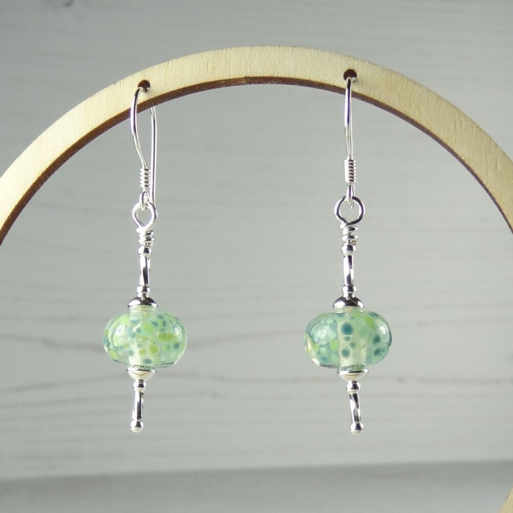 Sterling silver green speckled handcrafted artisan lampwork glass drop earrings (PF#382)