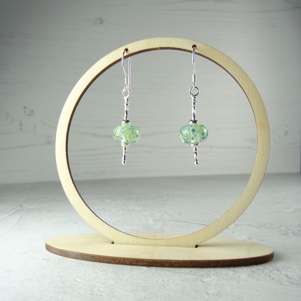Sterling silver green speckled handcrafted artisan lampwork glass drop earrings (PF#382)