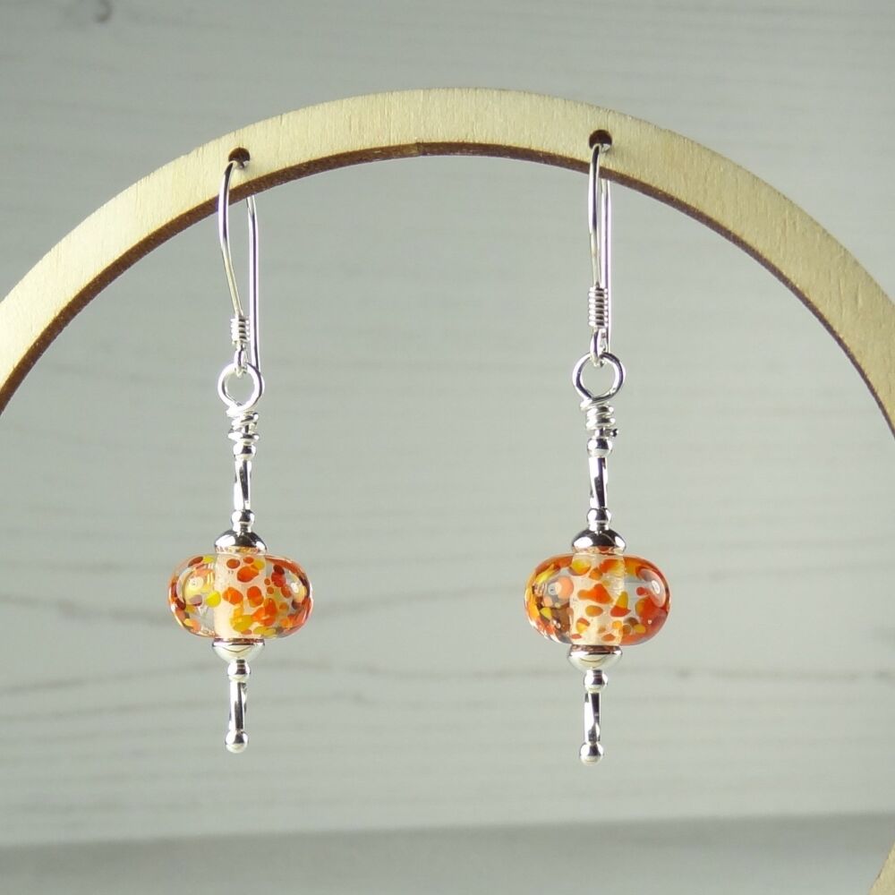Sterling silver orange speckled handcrafted artisan lampwork glass drop earrings (PF#14)