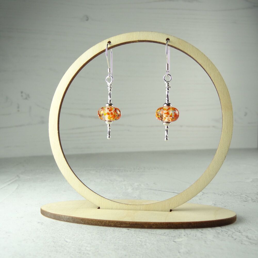 Sterling silver orange speckled handcrafted artisan lampwork glass drop earrings (PF#14)