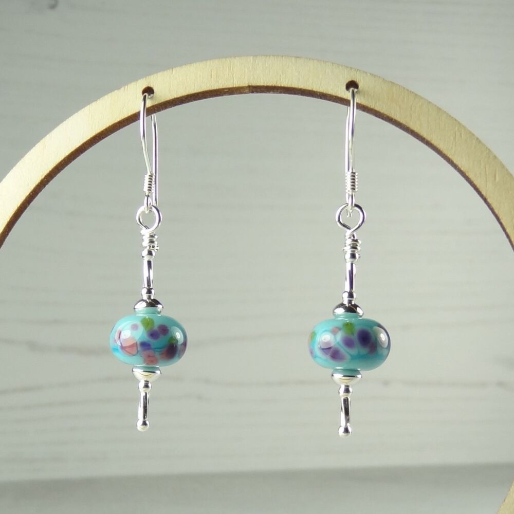 Sterling silver blue purple pink speckled handcrafted artisan lampwork glass drop earrings (PF#387)