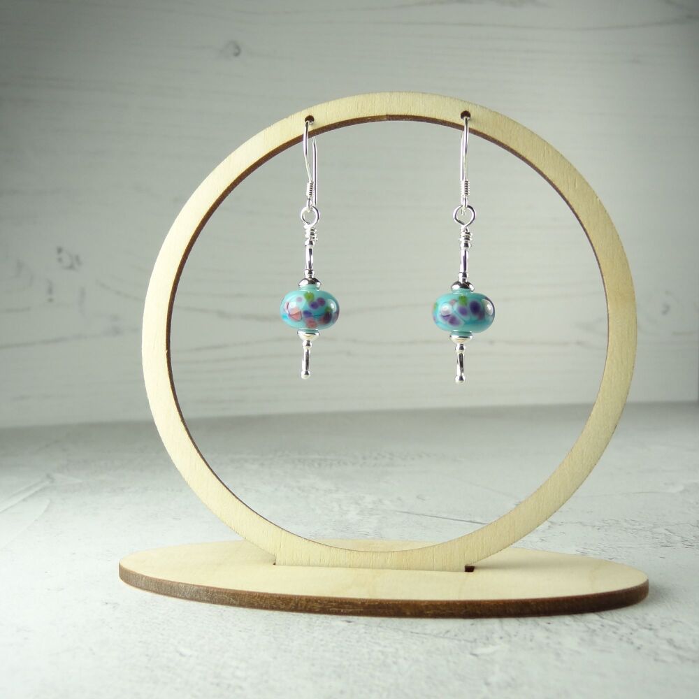 Sterling silver blue purple pink speckled handcrafted artisan lampwork glass drop earrings (PF#387)