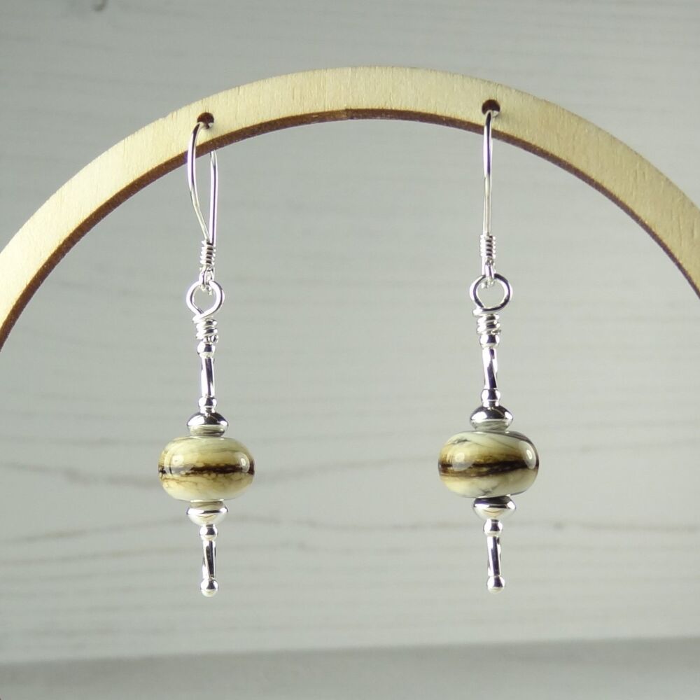 Sterling silver brown mocha cream handcrafted artisan lampwork glass drop earrings (PF#388)