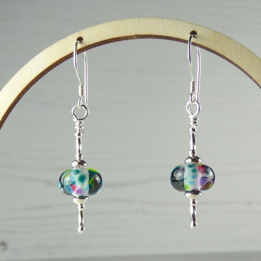 Sterling silver multi-coloured speckled handcrafted artisan lampwork glass drop earrings (PF#386)