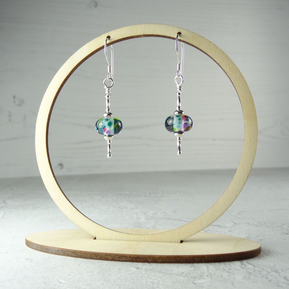 Sterling silver multi-coloured speckled handcrafted artisan lampwork glass drop earrings (PF#386)