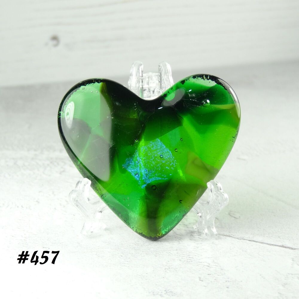 Handcrafted green with dichroic fused glass heart with a stand - 5 cm (+/-) heart (#457)