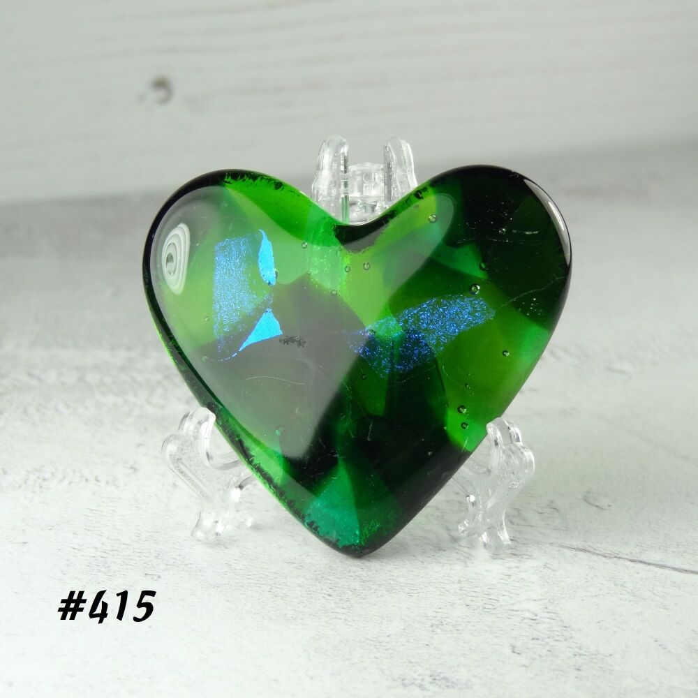 Handcrafted green with dichroic fused glass heart with a stand - 5 cm (+/-) heart (#415)