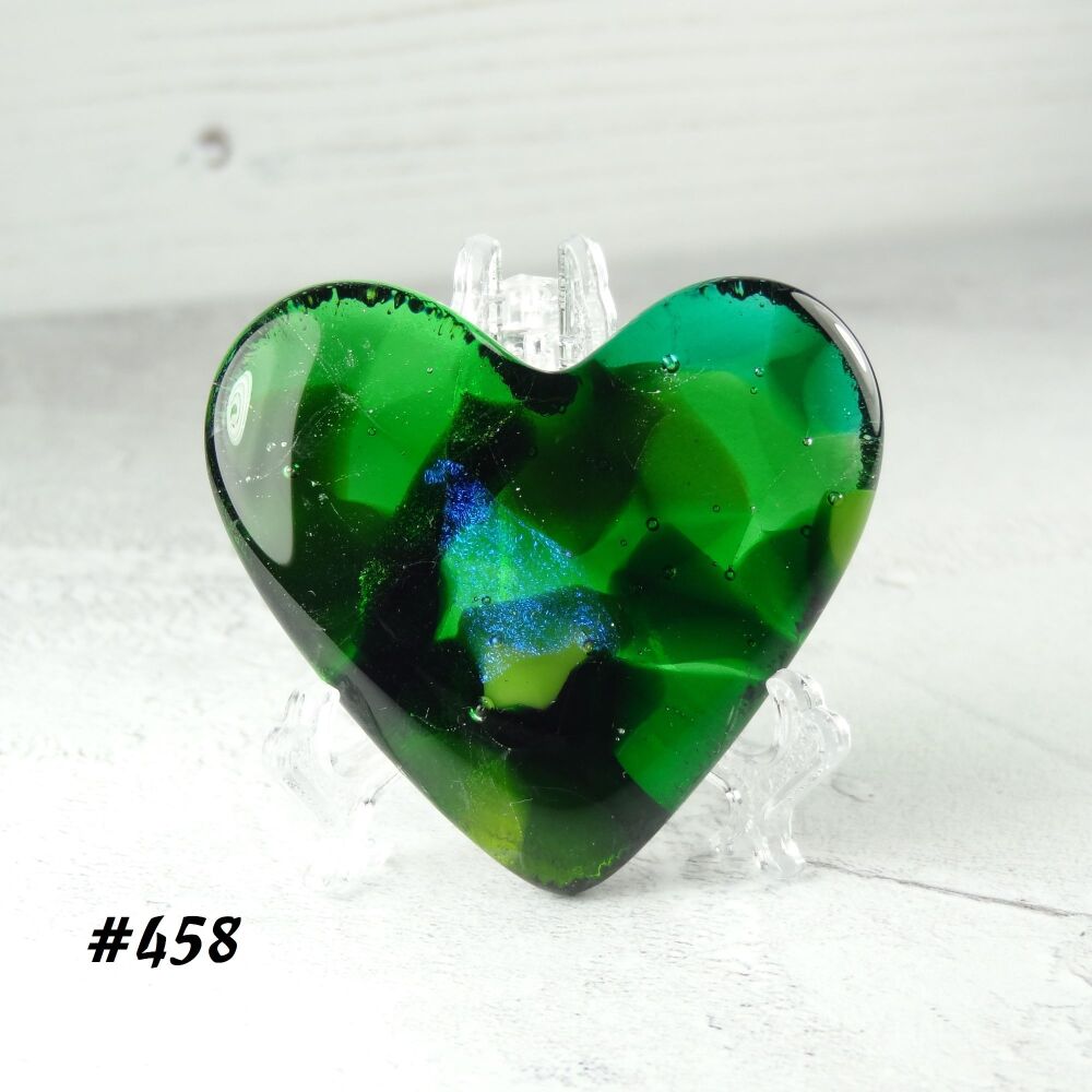 Handcrafted green with dichroic fused glass heart with a stand - 5 cm (+/-) heart (#458)