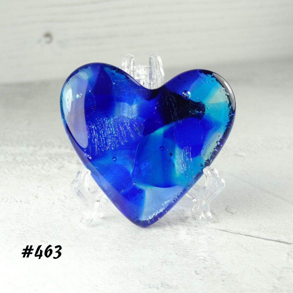 Handcrafted blue with dichroic fused glass heart with a stand - 5 cm (+/-) heart (#463)