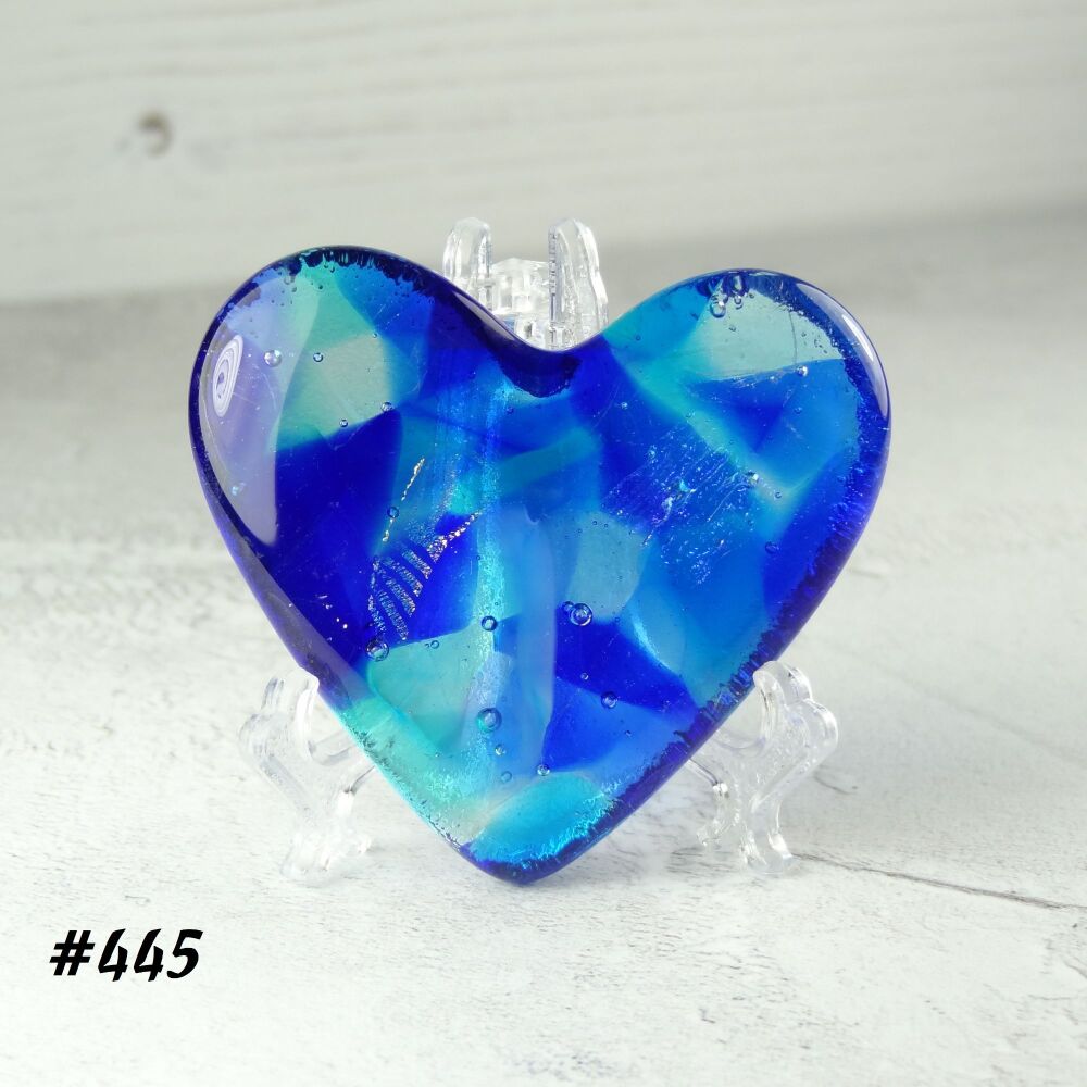 Handcrafted blue with dichroic fused glass heart with a stand - 5 cm (+/-) heart (#445)