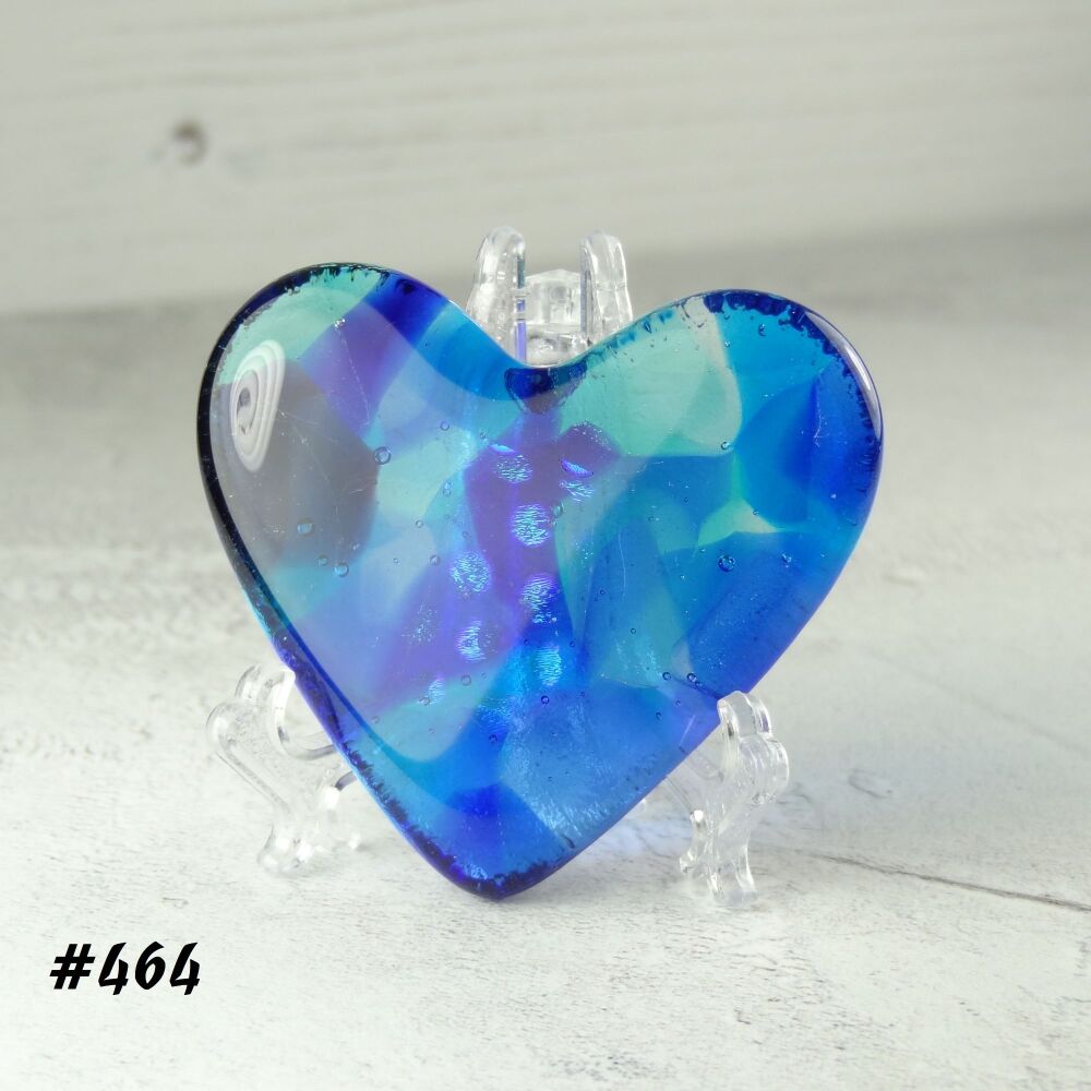 Handcrafted blue with dichroic fused glass heart with a stand - 5 cm (+/-) heart (#464)