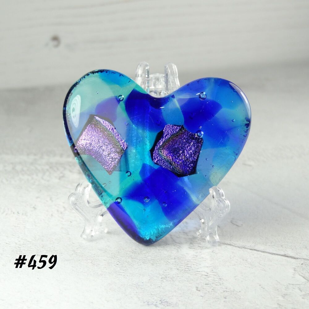 Handcrafted blue with dichroic fused glass heart with a stand - 5 cm (+/-) heart (#459)