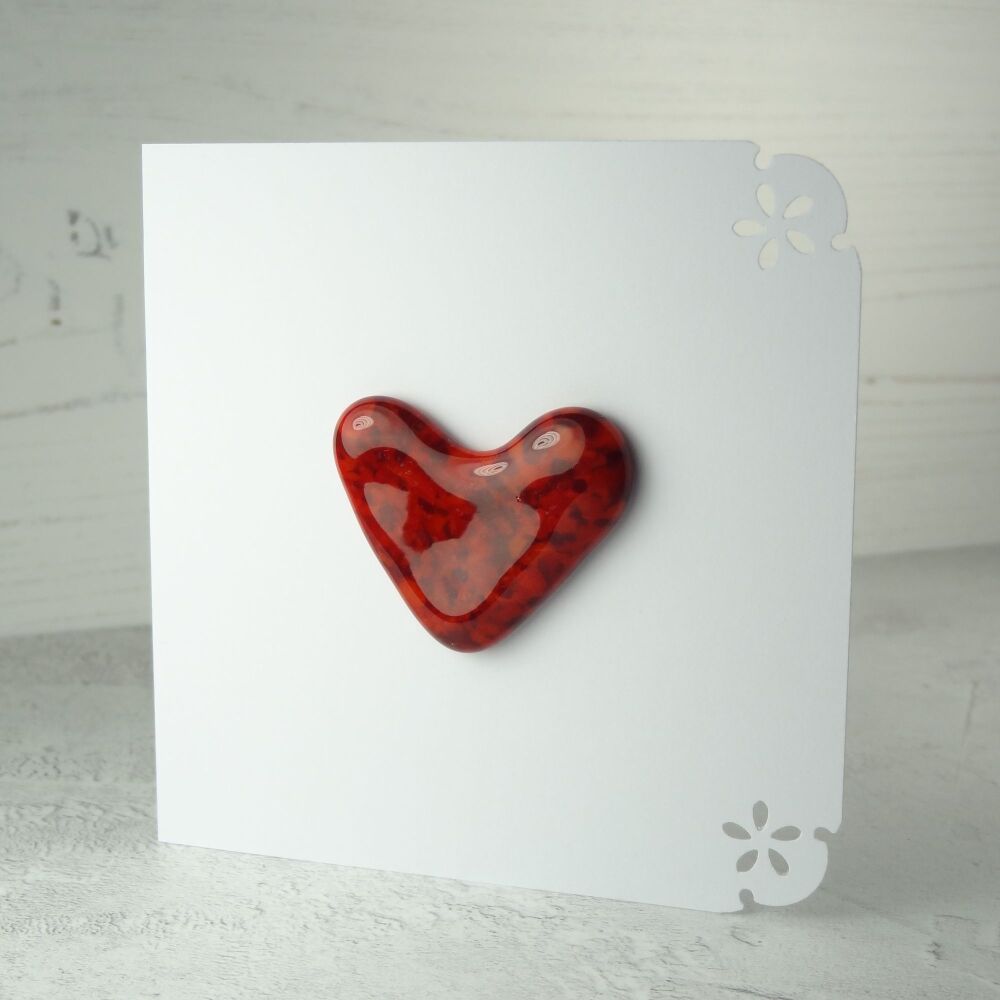Handcrafted fused glass red heart greeting card, any occasion, love, romance, anniversary - 10cm card, 4-4.5cm heart