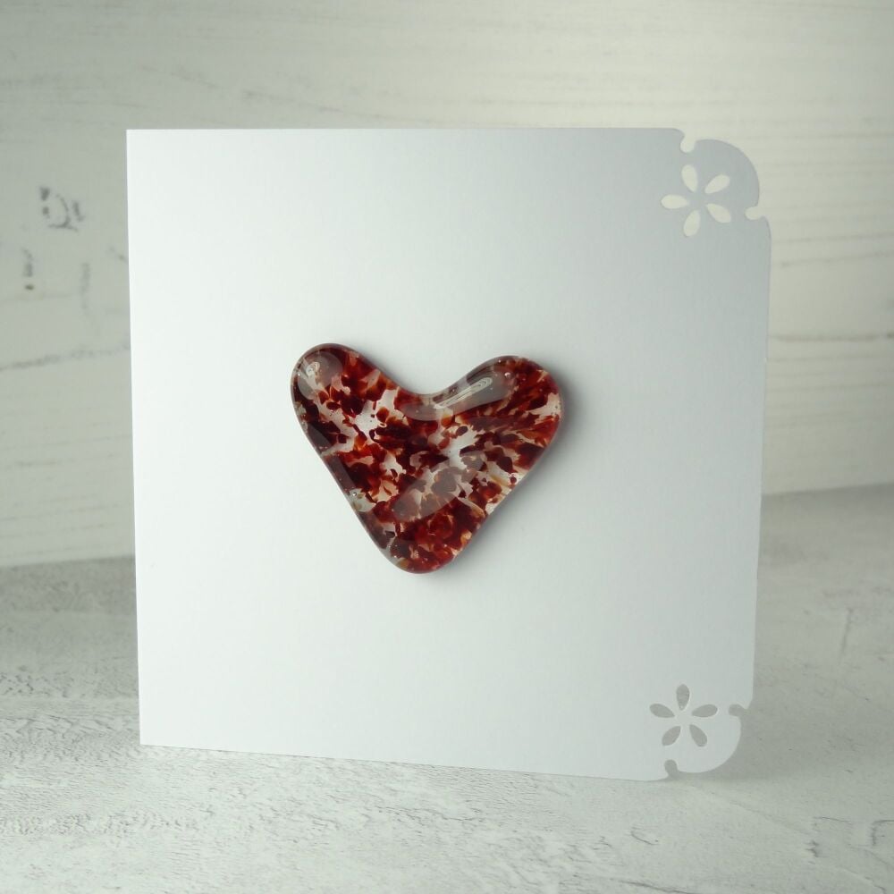 Handcrafted fused glass red speckled heart greeting card, any occasion, love, romance, anniversary - 10cm card, 4-4.5cm heart