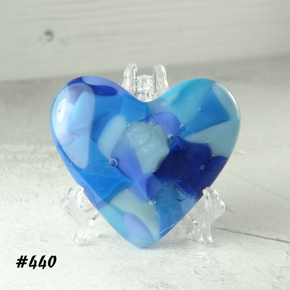 Handcrafted blue fused glass heart with a stand - 5 cm (+/-) heart (#440)