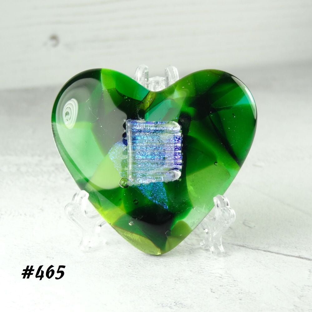 Handcrafted green with dichroic fused glass heart with a stand - 5 cm (+/-) heart (#465)