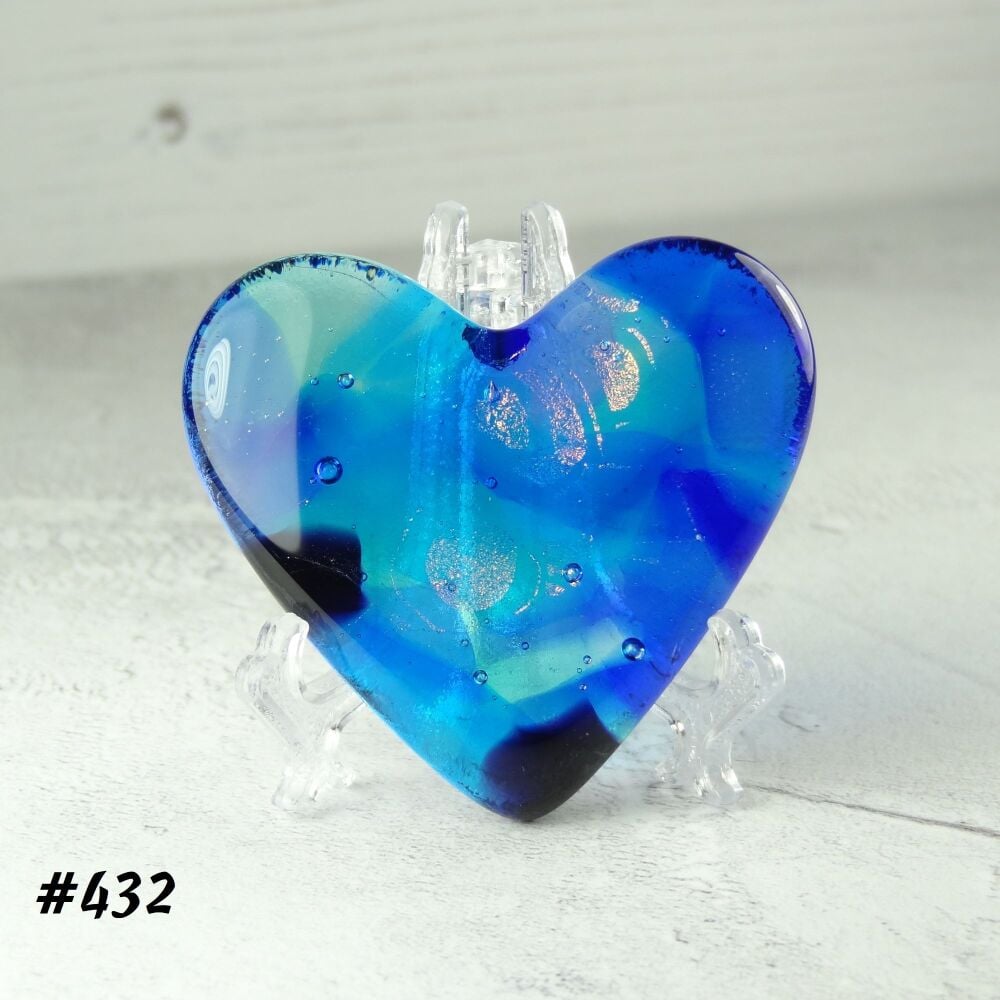 Handcrafted blue with dichroic fused glass heart with a stand - 5 cm (+/-) heart (#432)