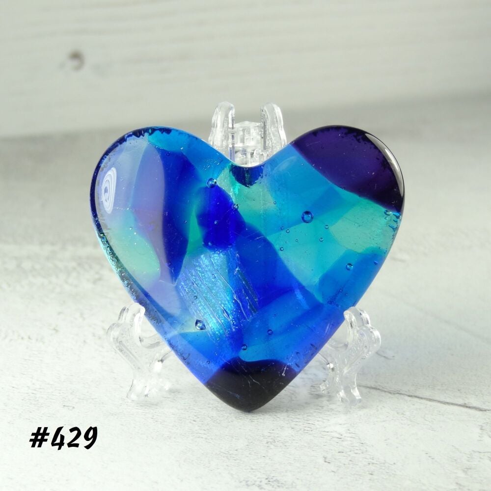 Handcrafted blue with dichroic fused glass heart with a stand - 5 cm (+/-) heart (#429)