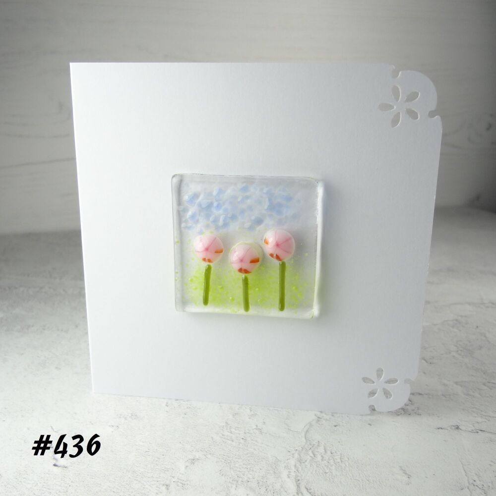 3 options - Handcrafted fused glass art greeting card, any occasion, birthday, pink murrini flowers ~ 4x4 inch card, 1.5 inch (+/-) glass