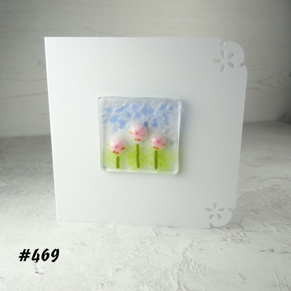 3 options - Handcrafted fused glass art greeting card, any occasion, birthday, pink murrini flowers ~ 4x4 inch card, 1.5 inch (+/-) glass