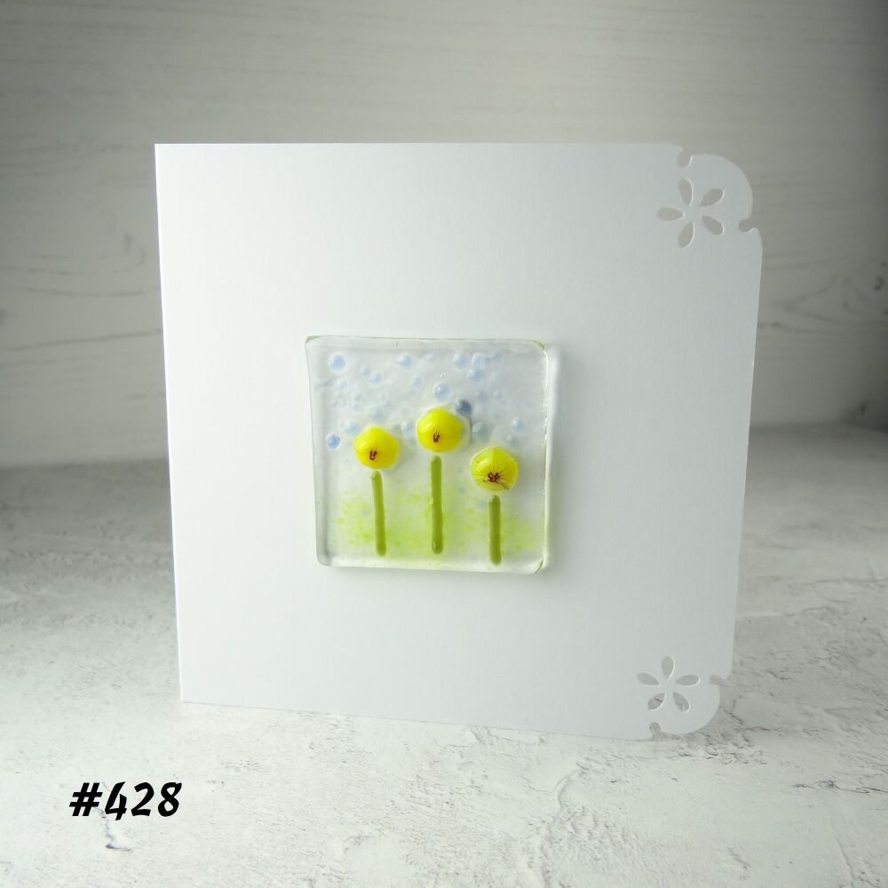 3 options - Handcrafted fused glass art greeting card, any occasion, birthday, yellow murrini flowers ~ 4x4 inch card, 1.5 inch (+/-) glass