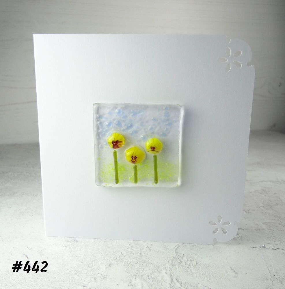 3 options - Handcrafted fused glass art greeting card, any occasion, birthday, yellow murrini flowers ~ 4x4 inch card, 1.5 inch (+/-) glass