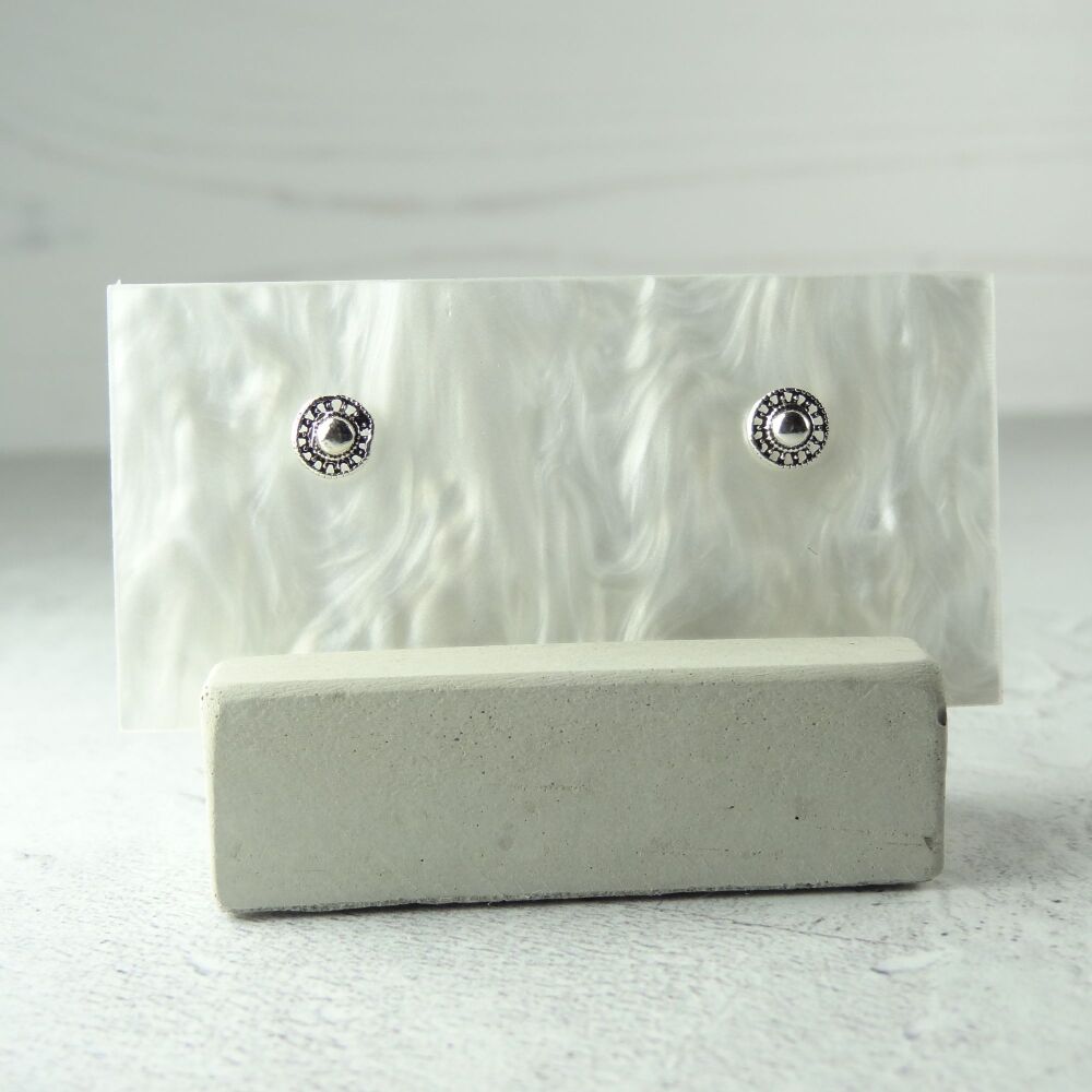 Dainty/small 5mm sterling silver domed flower stud earrings, in a gift box