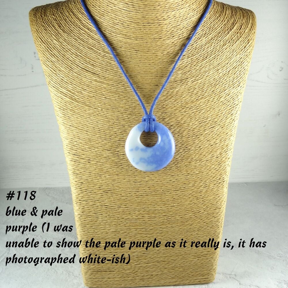 Handcrafted light purple & blue fused glass off-set round pendant on a waxed cotton cord with lobster clasp (#118)