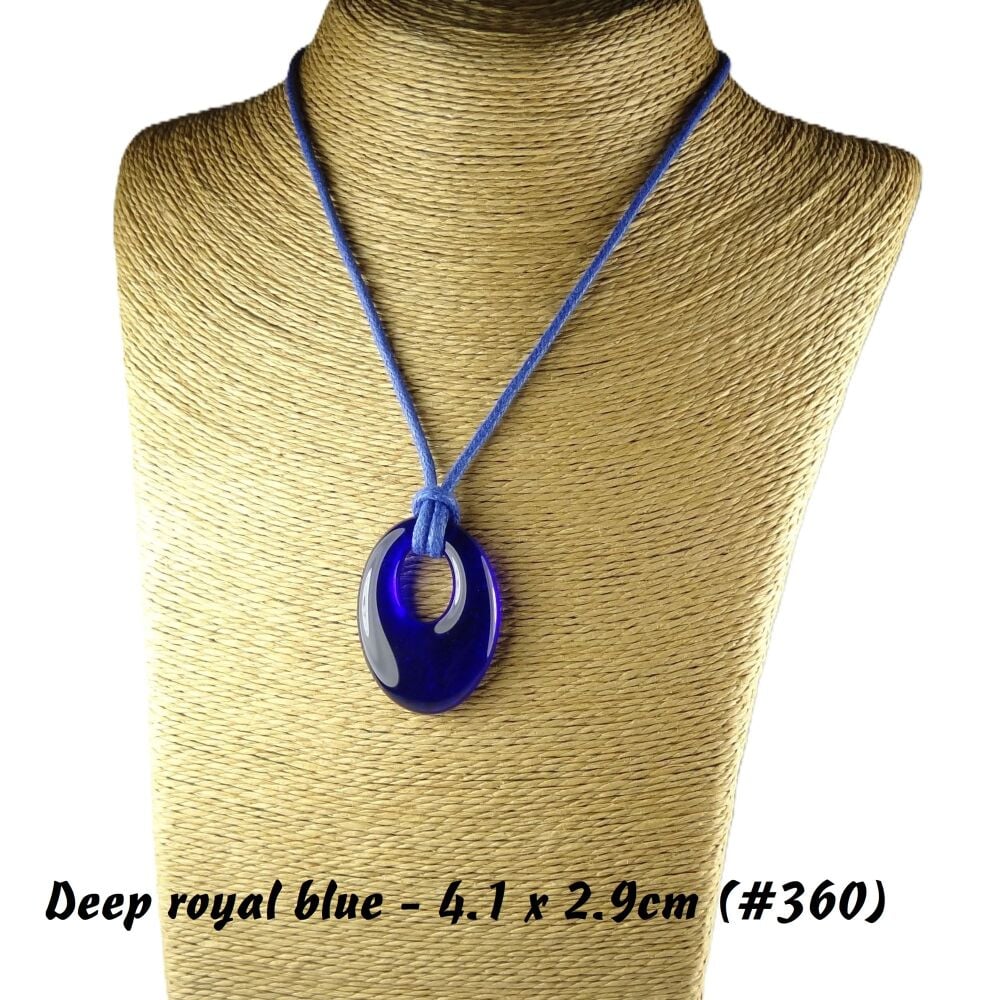 Handcrafted deep royal blue fused glass off-set oval pendant on a waxed cotton cord with lobster clasp (#360)