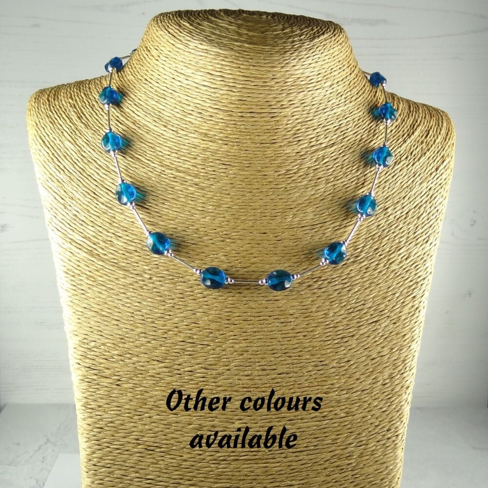 Sterling silver & 9x8mm (+/-) flat oval glass beaded necklace 18 inches/46cm long - dark blue purple green dark yellow ochre