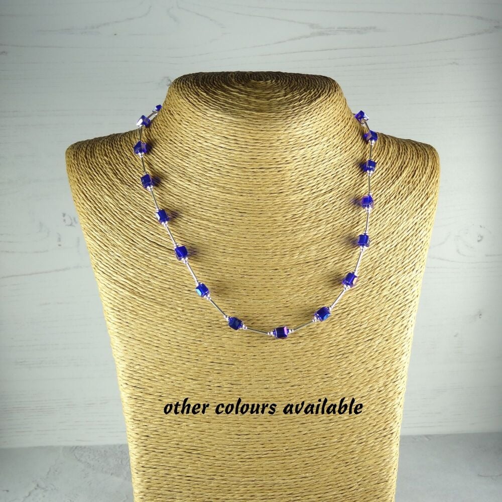 Sterling silver & 6mm (+/-) glass cube beaded necklace 18 inches/46cm long blue purple pink green silver golden