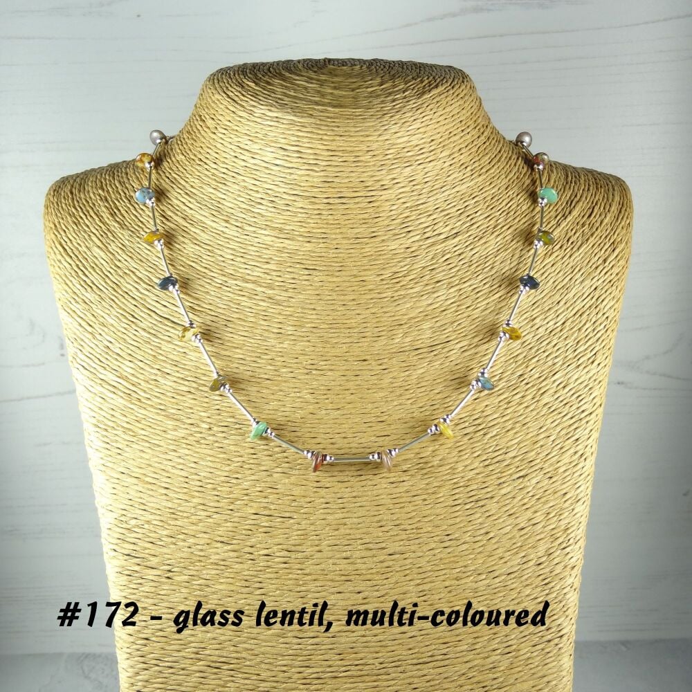 2 styles - Sterling silver & 6mm (+/-) glass lentil/rondelle/disc beaded necklace 18 inches/46cm long - multi-coloured, green/black