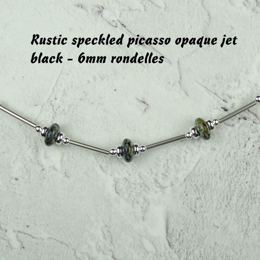 2 styles - Sterling silver & 6mm (+/-) glass lentil/rondelle/disc beaded necklace 18 inches/46cm long - multi-coloured, green/black