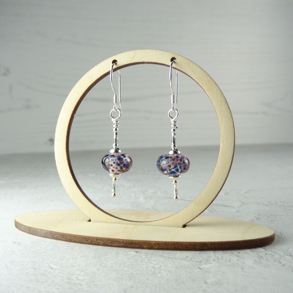 Sterling silver purple & blue speckled handcrafted artisan lampwork glass drop earrings (PF#9)