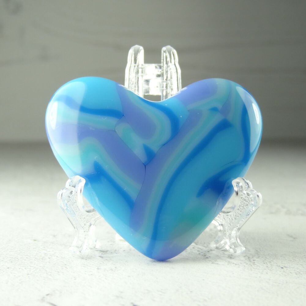 Handcrafted blue & purple fused glass heart with a stand - 5 cm (+/-) heart (#468)