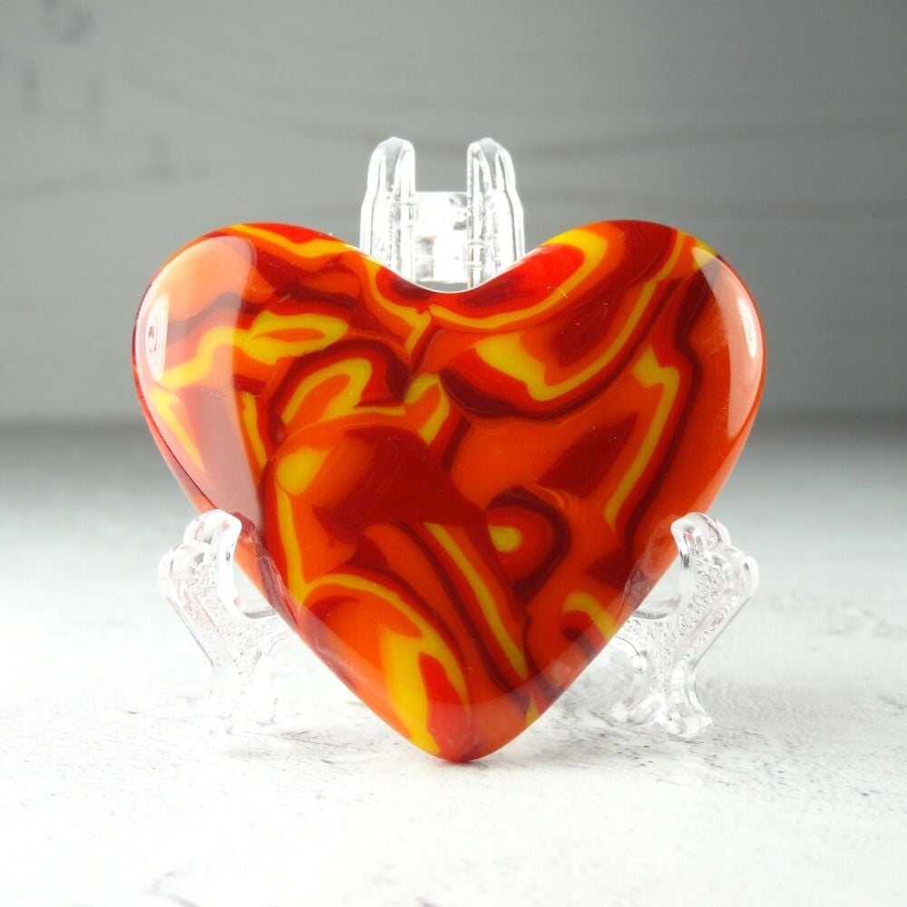 Handcrafted orange red yellow fused glass heart with a stand - 5 cm (+/-) heart (#437)