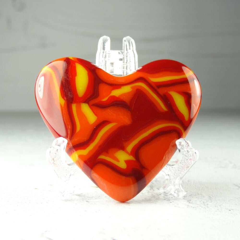 Handcrafted orange red yellow fused glass heart with a stand - 5 cm (+/-) heart (#450)